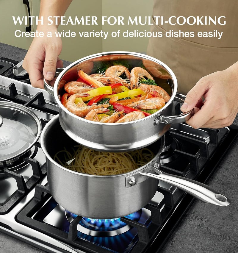KOCH SYSTEME CS Hybrid Nonstick Stainless Steel Sauce Pan with Steamer Insert, 18/10 Steel 2QT Sauce Pan with Lid, Triple Stainless Steel Pot with Honeycomb Interior, Induction Compatible & Oven Safe - Image 4